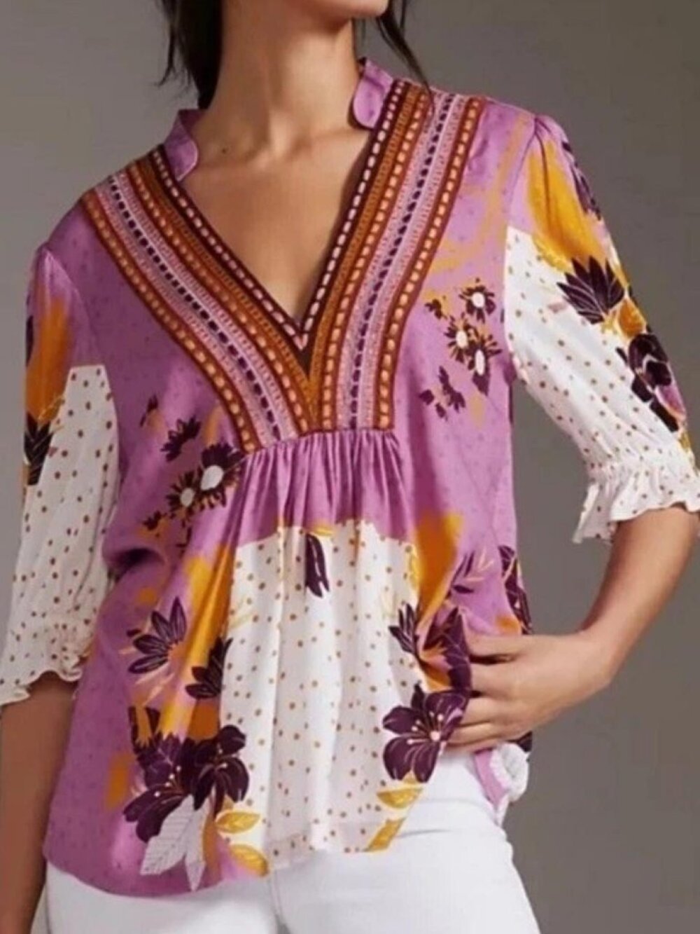 Blink London Anthropologie Boho Floral V-Neck Peasant Top Petite Medium
